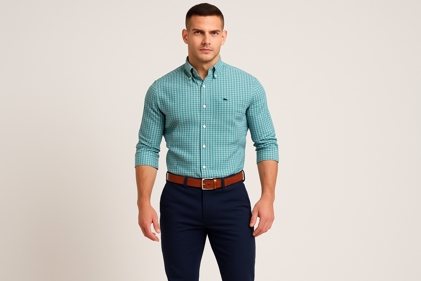 Modelo atlético usando la camisa a cuadros azul y verde talla XS