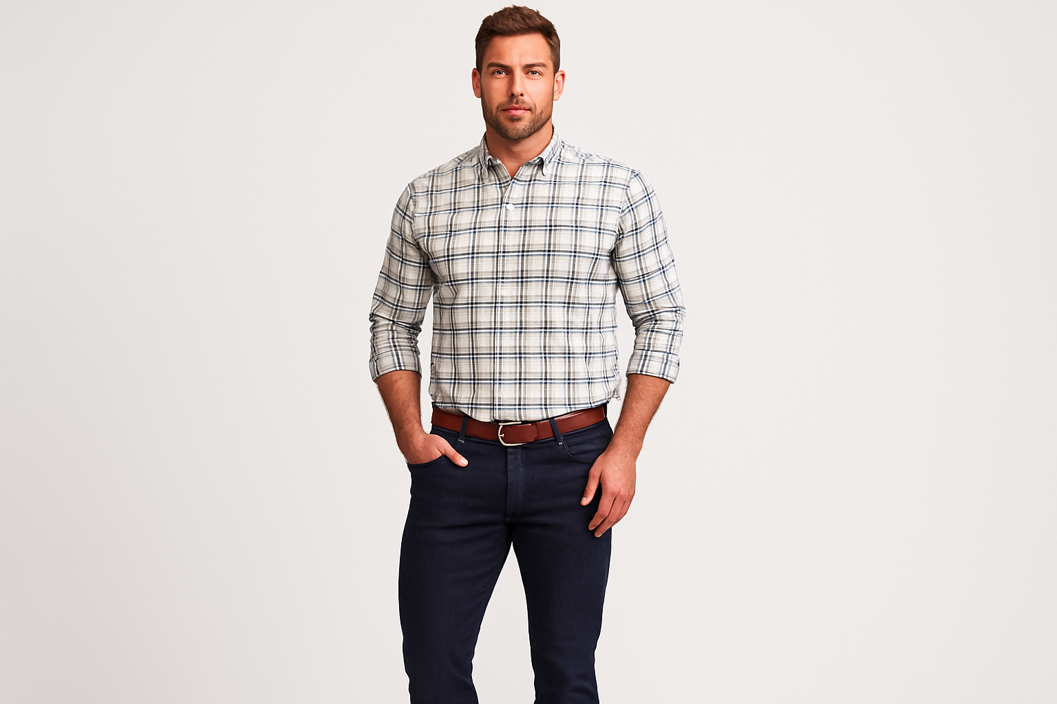 Modelo atlético usando la camisa a cuadros grises y azules talla XL
