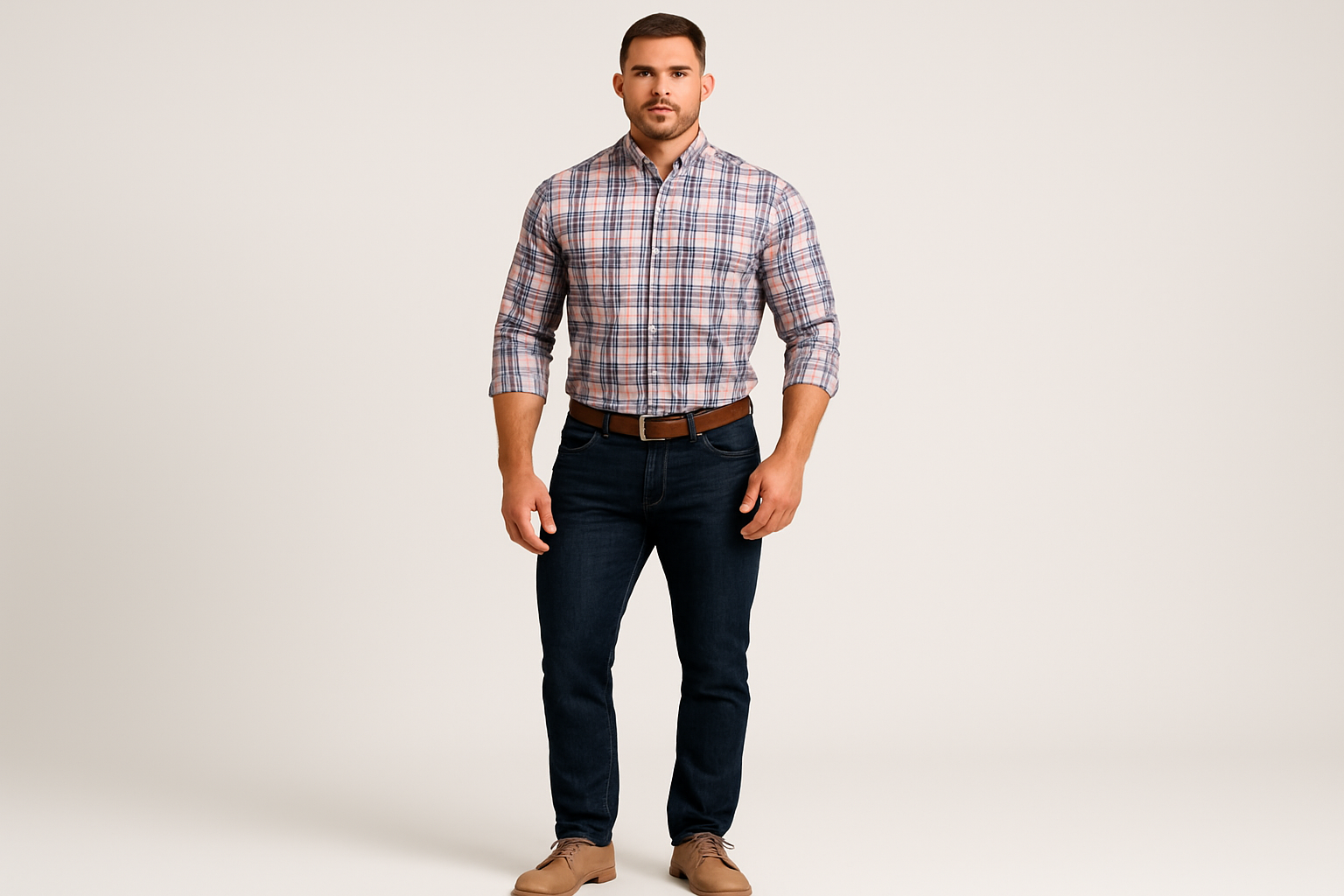 Modelo atlético usando la camisa a cuadros multicolor talla XL