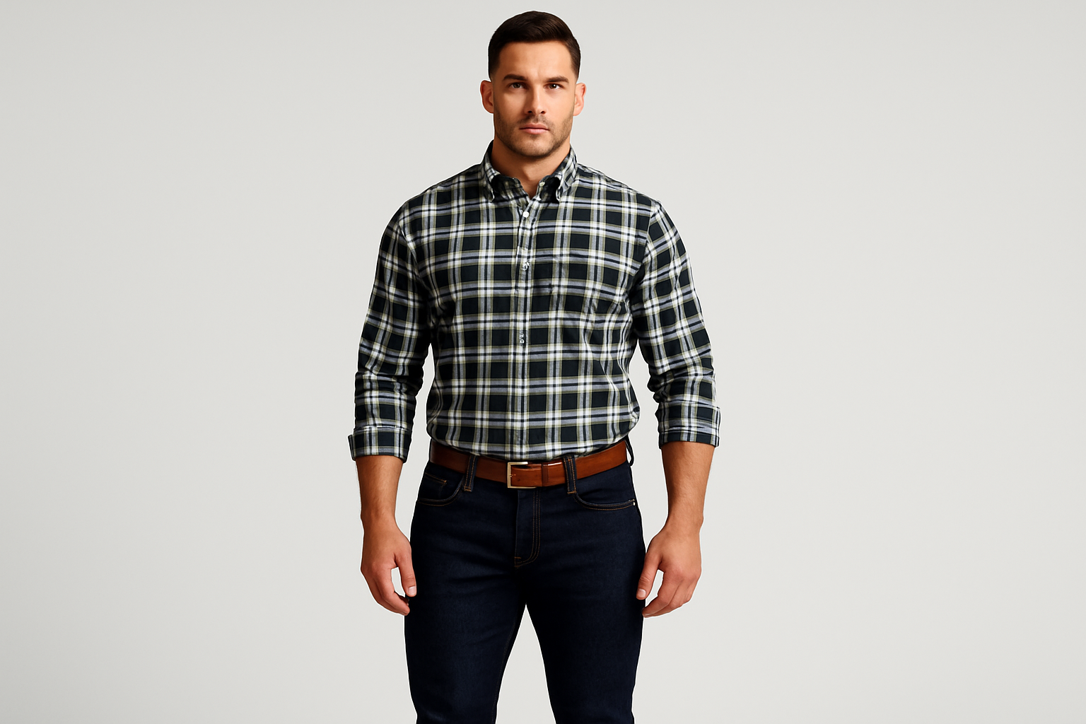 Modelo atlético usando la camisa a cuadros negros, grises y blancos talla XL