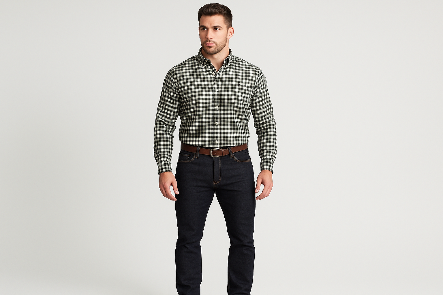 Modelo atlético usando la camisa a cuadros negros y blancos talla XL - versión 2
