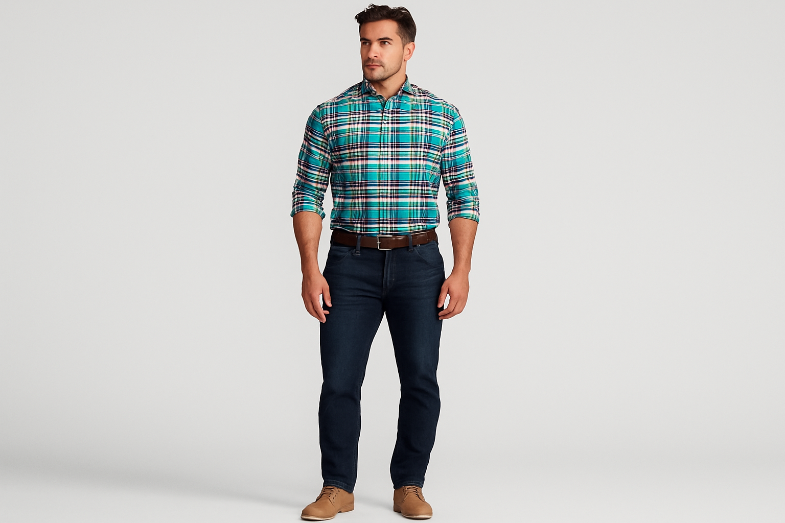 Modelo atlético usando la camisa a cuadros turquesa, azul marino y rojo talla XL