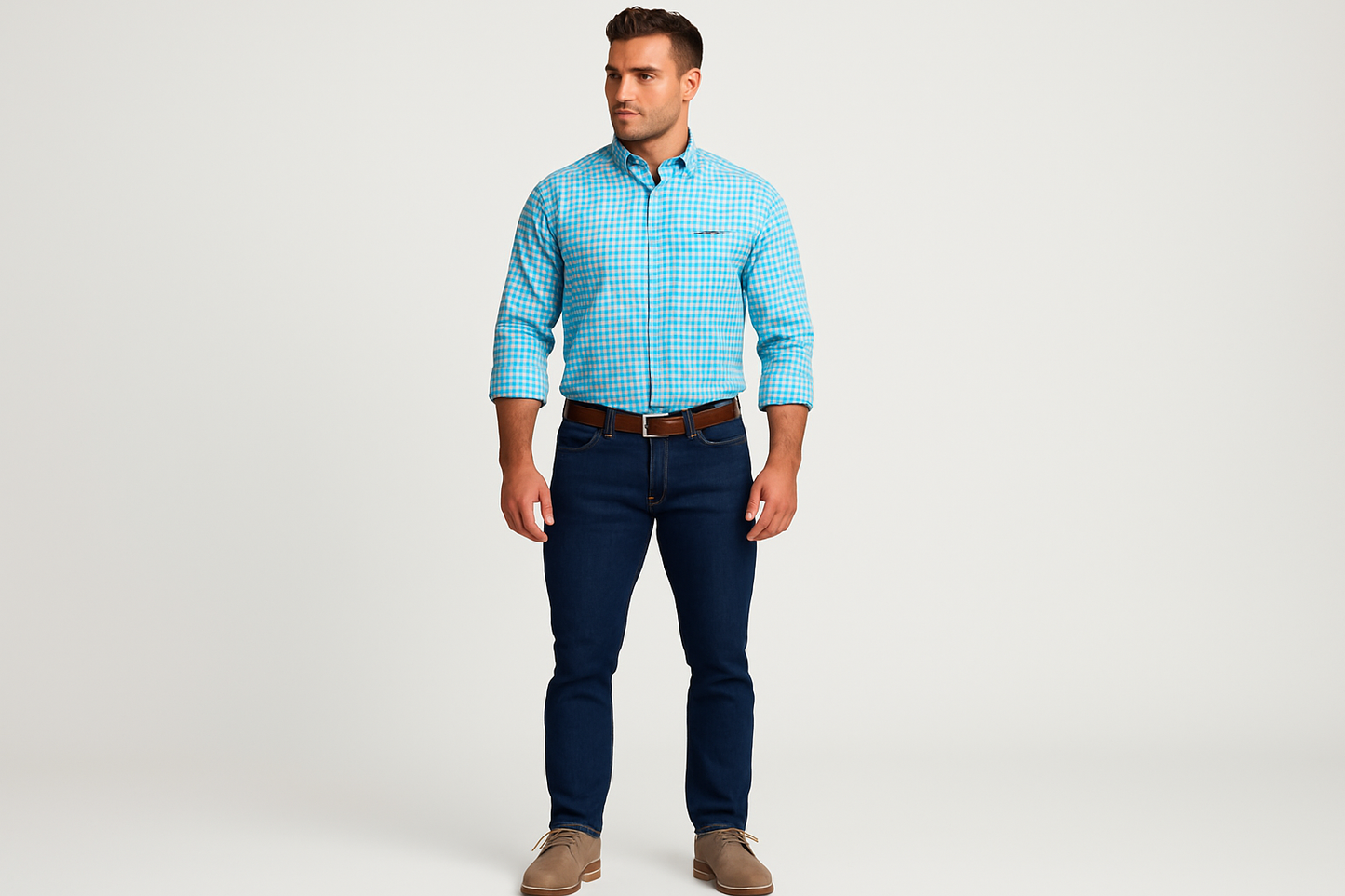 Modelo atlético usando la camisa a cuadros turquesa y rosa talla XL