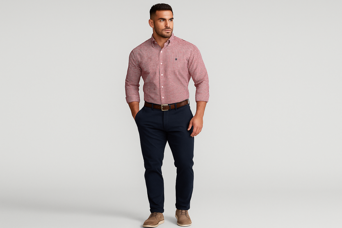 Modelo atlético usando la camisa a cuadros vichy rojo y blanco talla XL