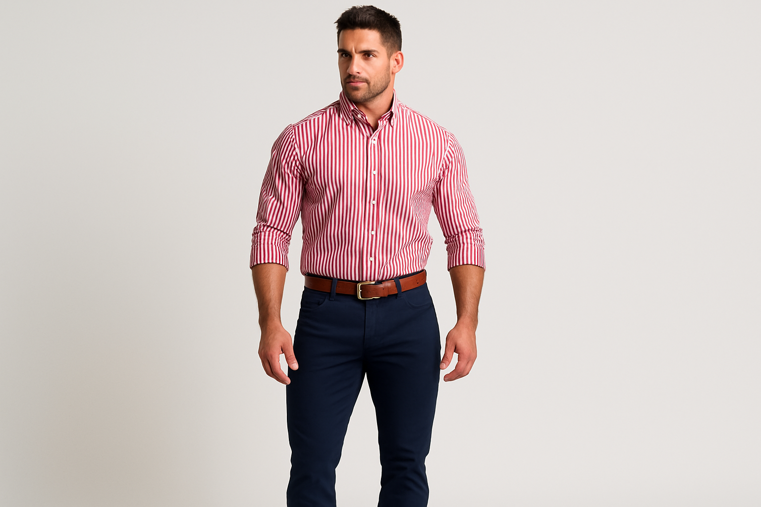 Modelo atlético usando la camisa a rayas rosa y blanco talla XL