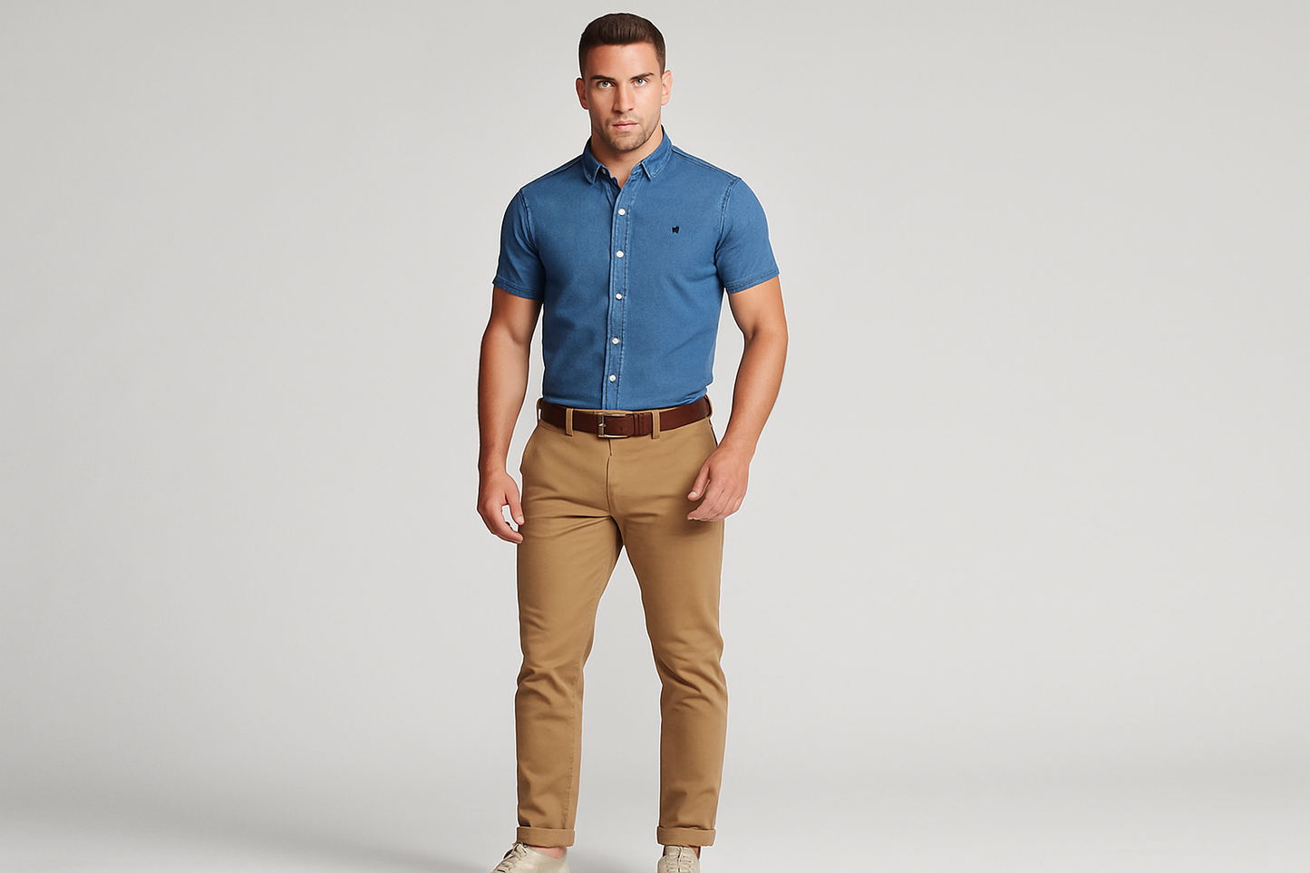 Modelo atlético usando la camisa de mezclilla azul de manga corta talla XS