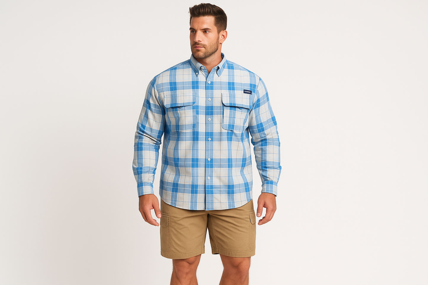 Modelo atlético usando la camisa de pesca a cuadros azules y blancos talla XXL