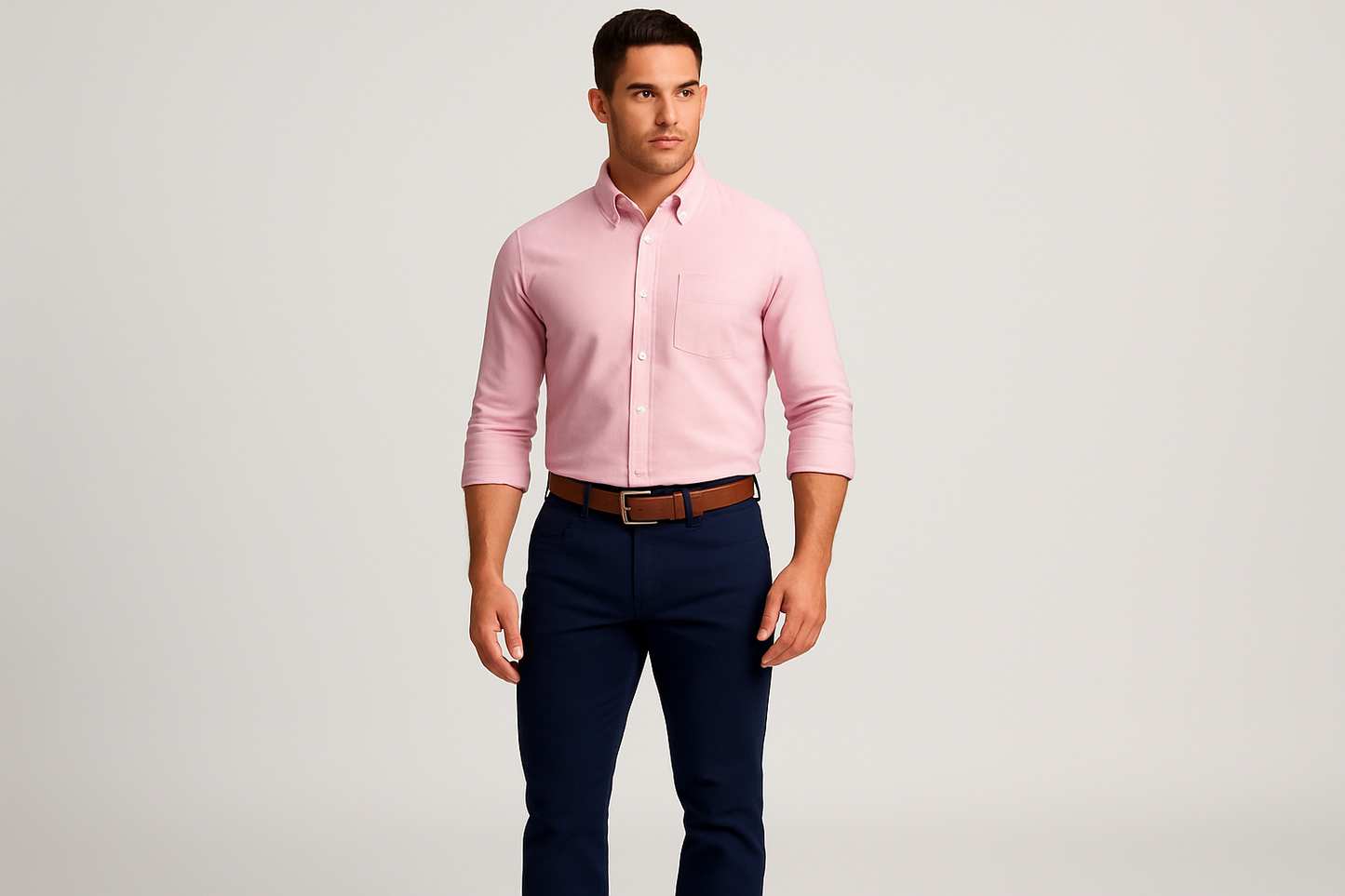 Modelo atlético usando la camisa rosa claro talla XS