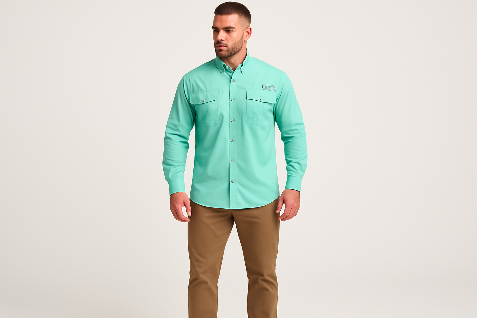 Modelo atlético usando la camisa verde menta talla XL