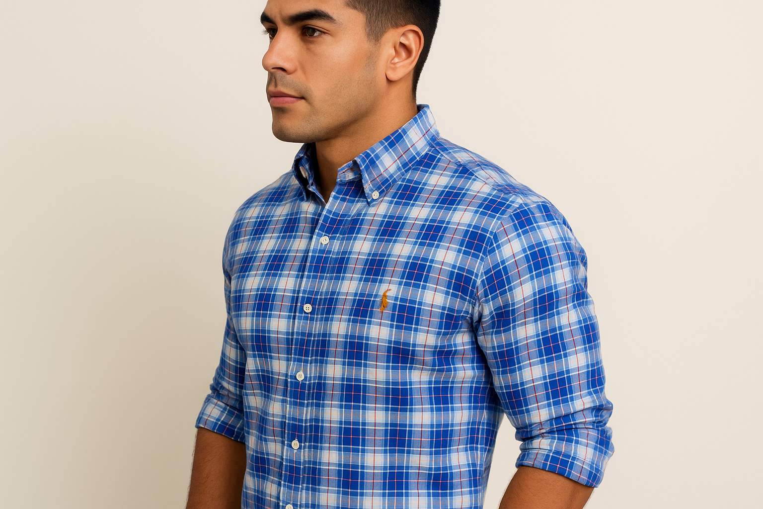 Modelo atlético - Vista lateral con mangas enrolladas