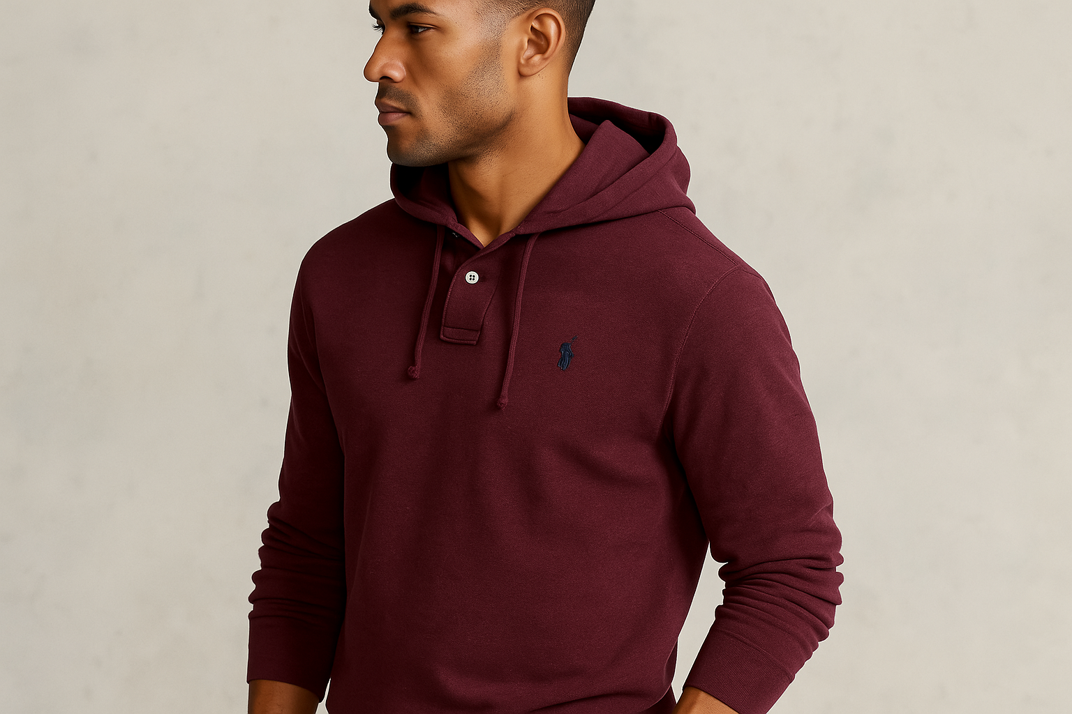 Modelo atlético vista lateral Polo Ralph Lauren con capucha