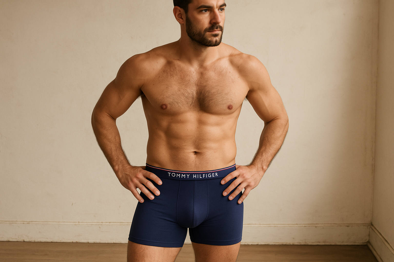 Modelo boxer azul marino pose casual