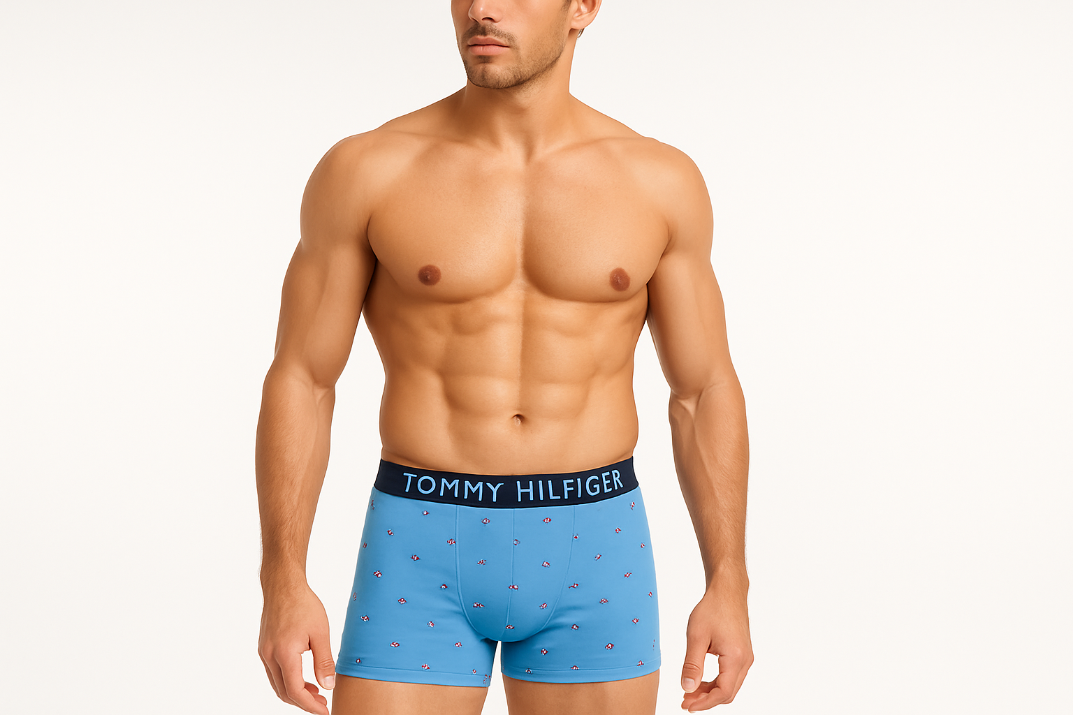 Modelo con boxer azul con diseño de bandera