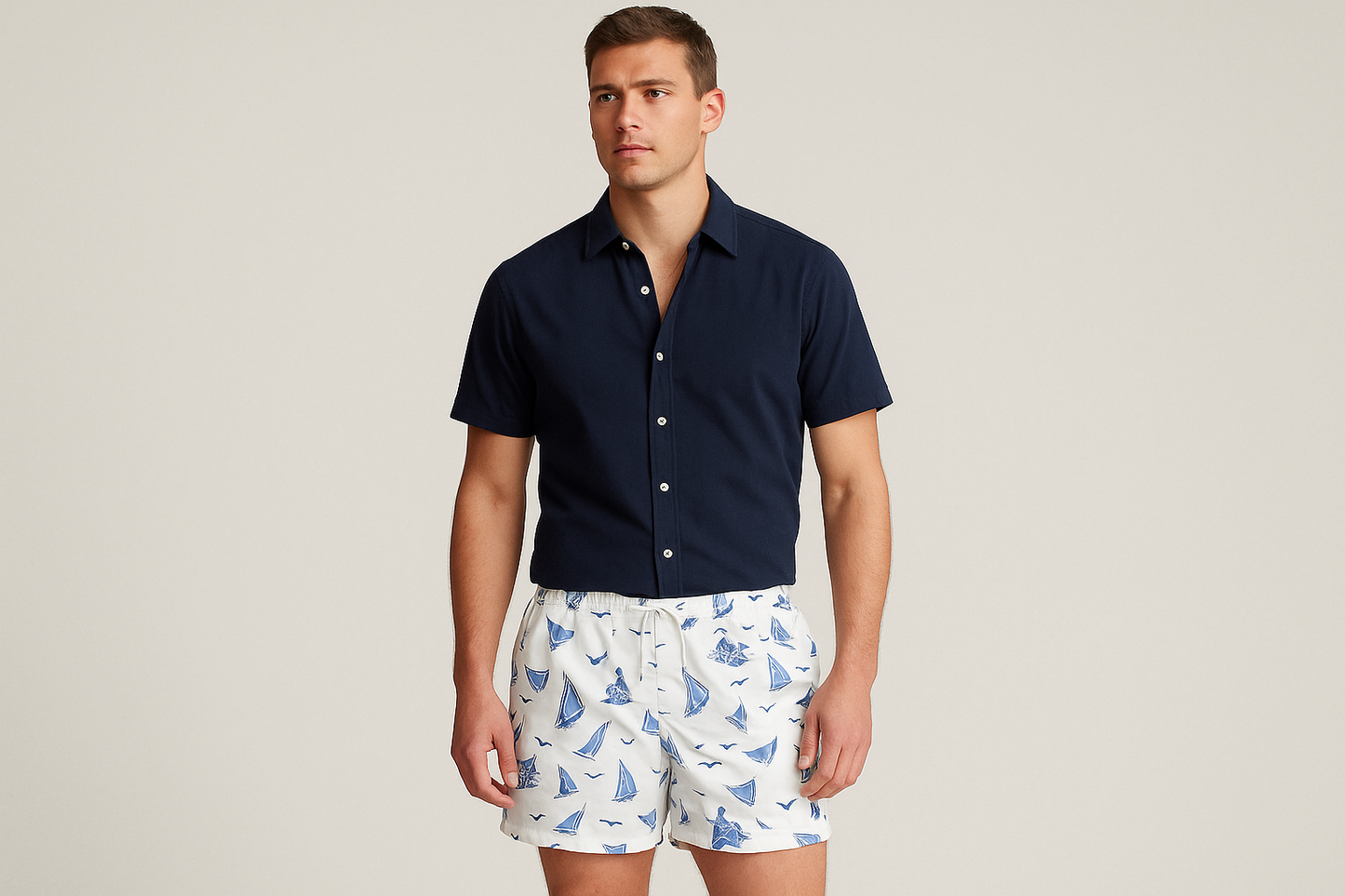 Modelo con camisa azul navy