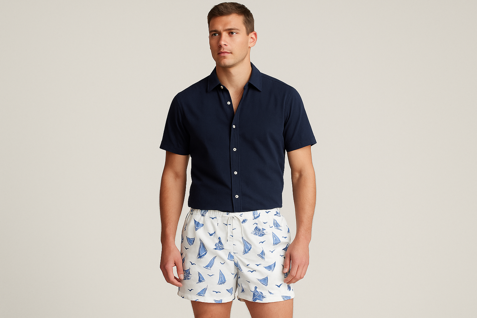 Modelo con camisa azul navy