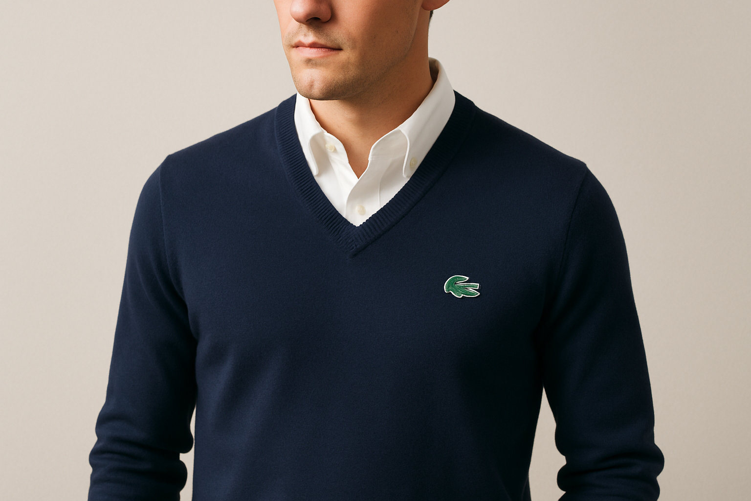 Modelo con camisa blanca y suéter Lacoste azul navy con logo del cocodrilo verde