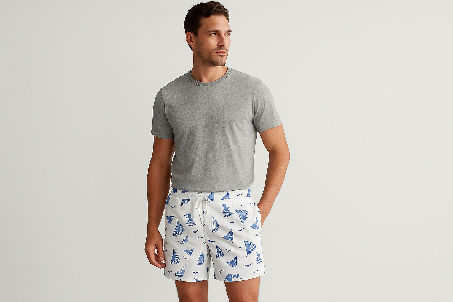 Modelo con camiseta gris cuello redondo