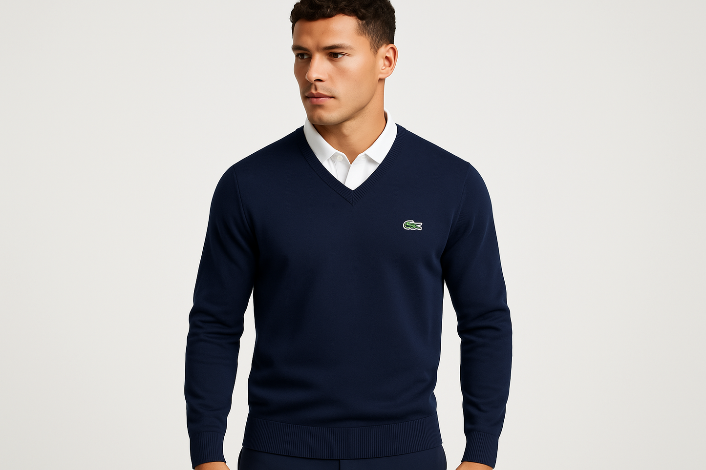 Modelo con Jersey Lacoste Cuello V