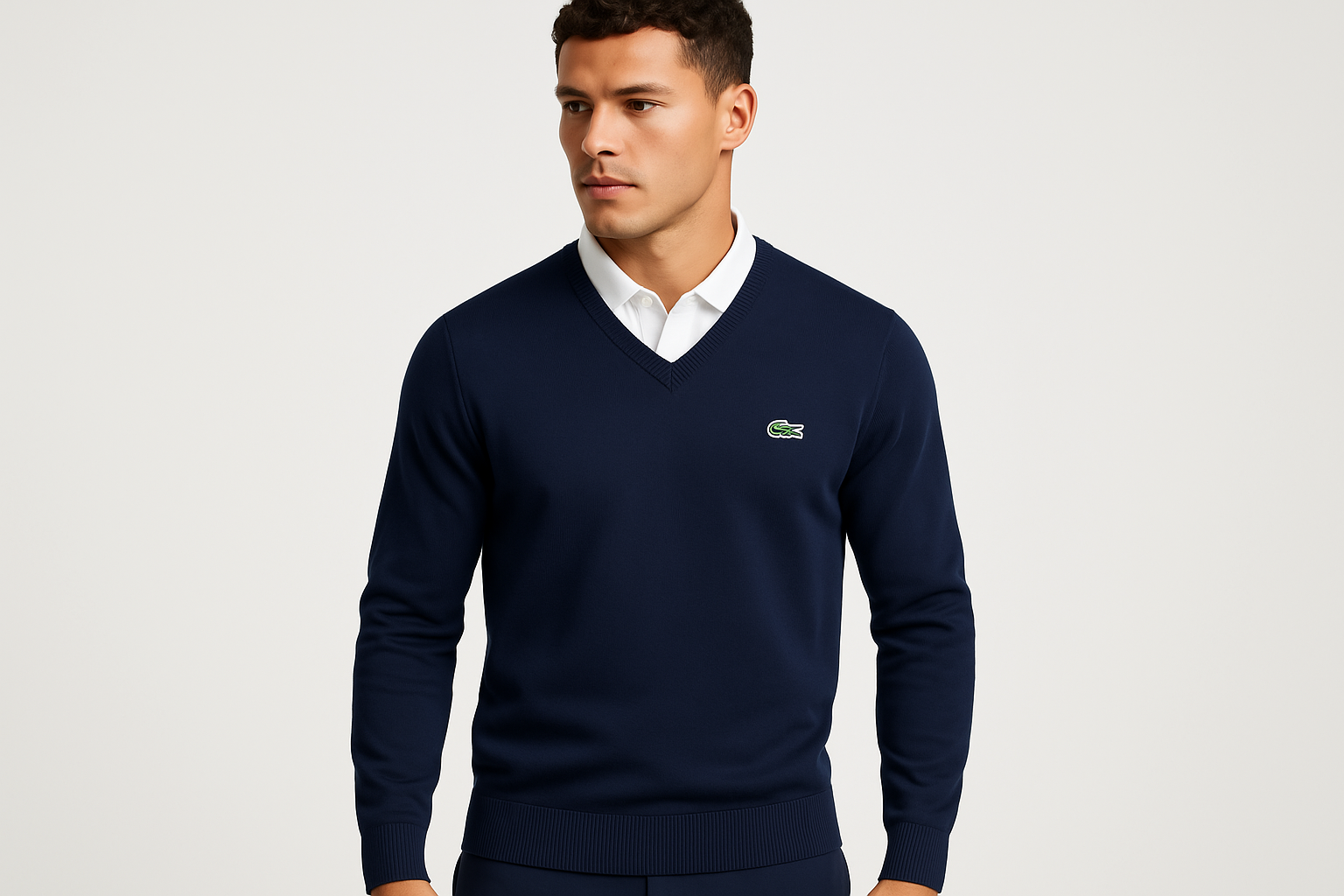 Modelo con Jersey Lacoste Cuello V