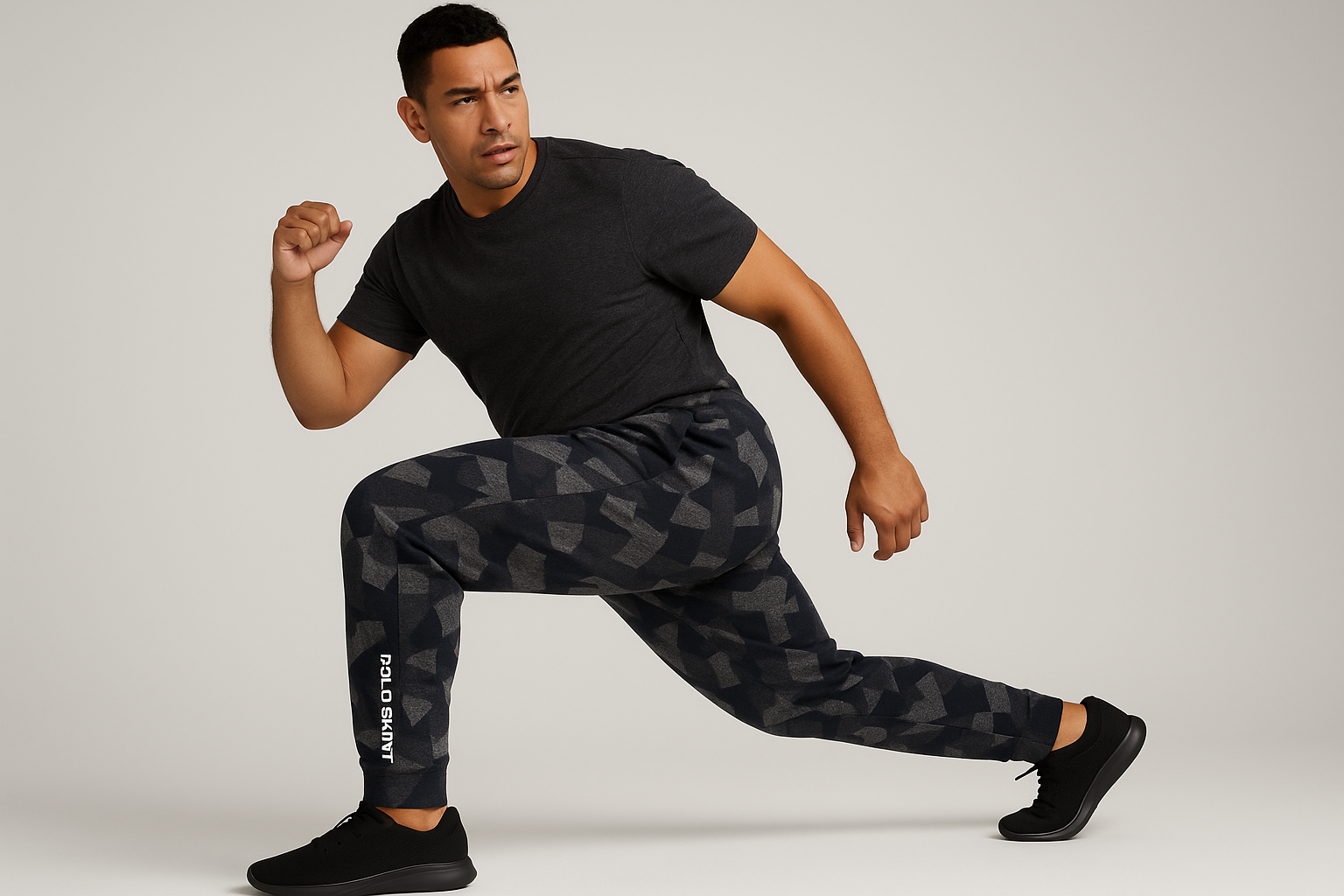 Modelo con jogger geométrico - Pose atlética