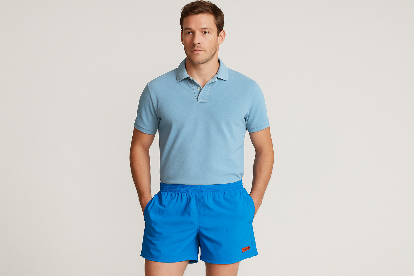 Modelo con polo azul claro