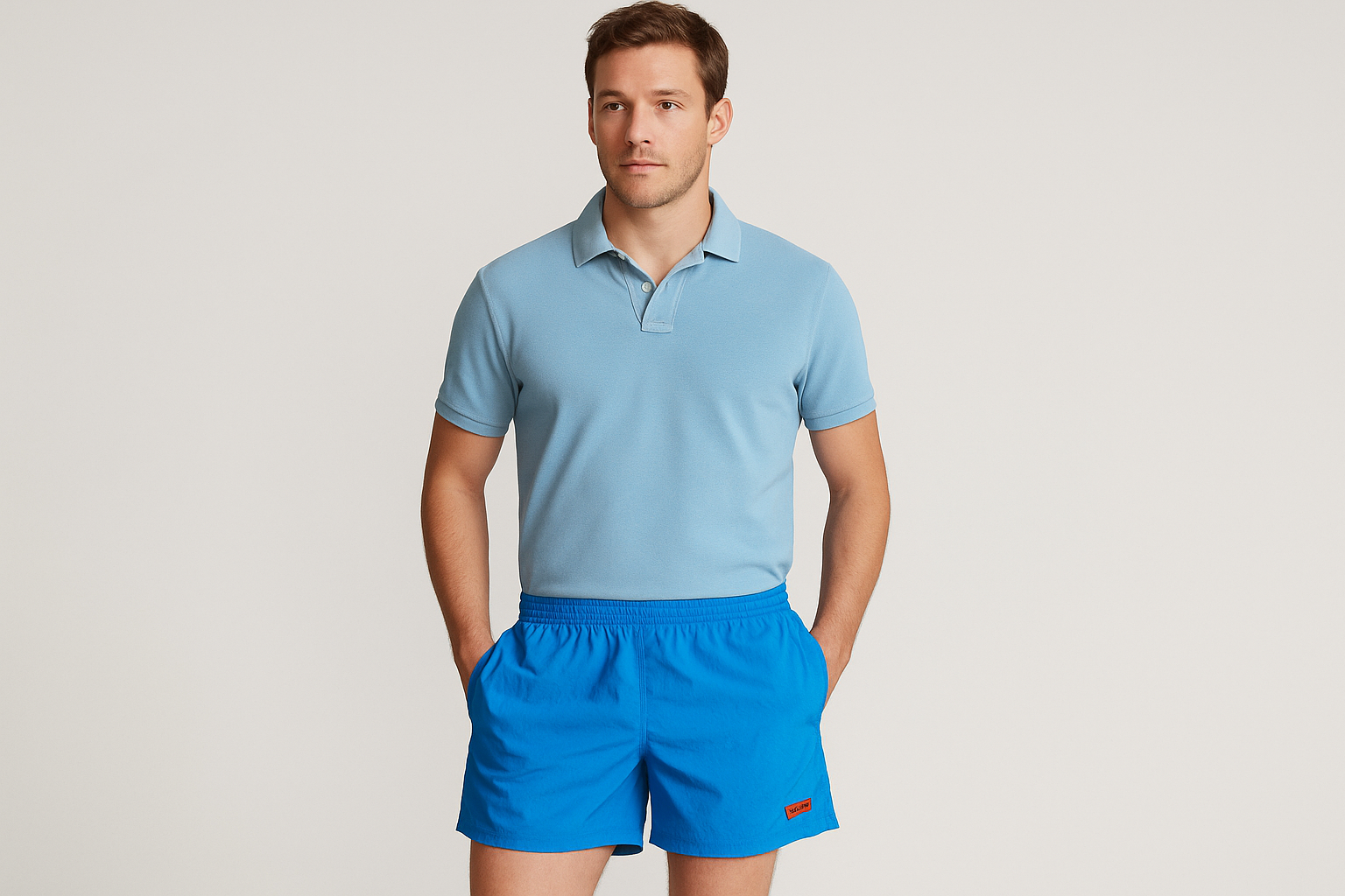 Modelo con polo azul claro