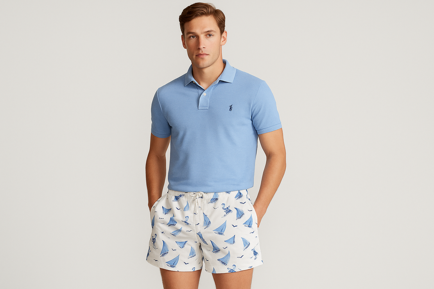 Modelo con polo azul claro