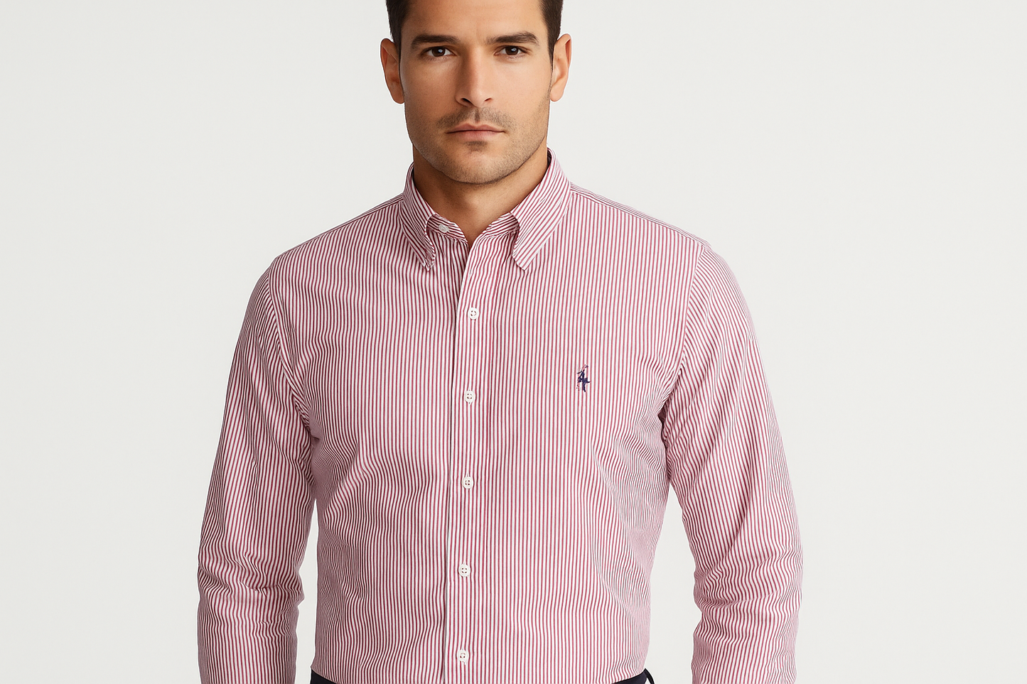 Modelo frontal camisa rayas rojas y blancas