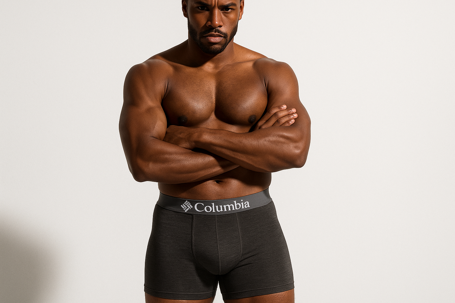 Modelo gris pose confiada brazos cruzados