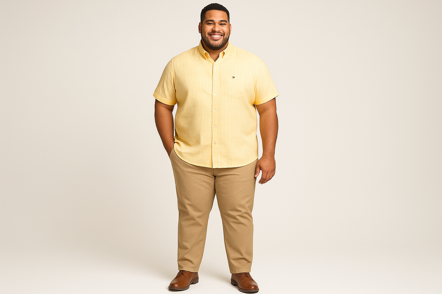 Modelo latino con look casual elegante - camisa sin bolsillo con líneas juntas