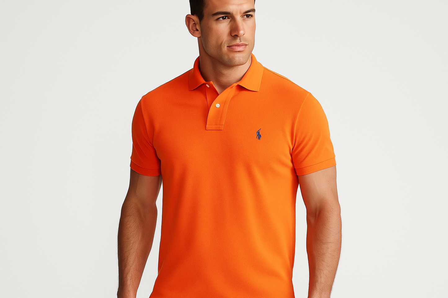 Modelo masculino atlético con Camiseta Polo Ralph Lauren naranja