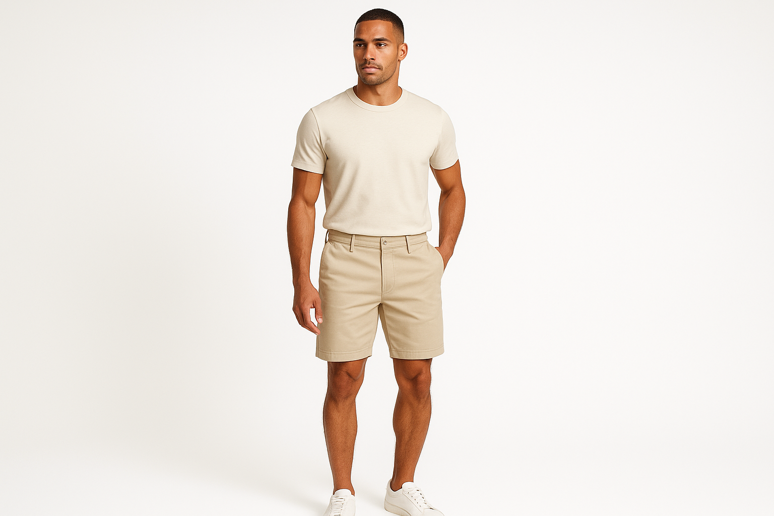 Modelo masculino atlético con short color #d8d7c1