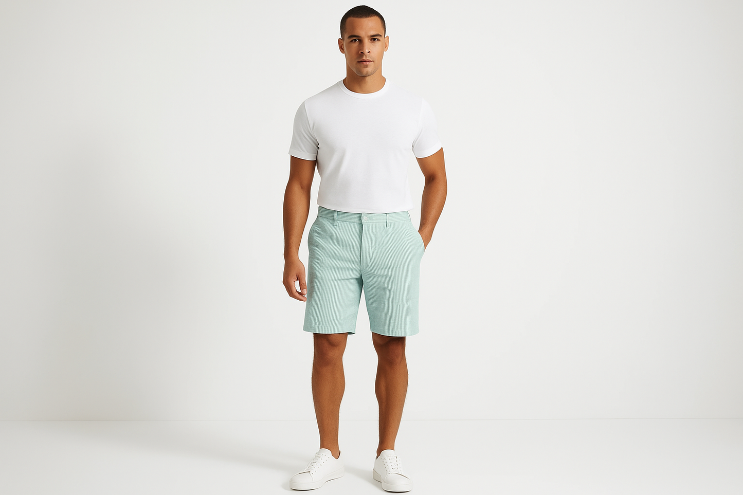 Modelo masculino atlético con short de rayas #8fcbaa