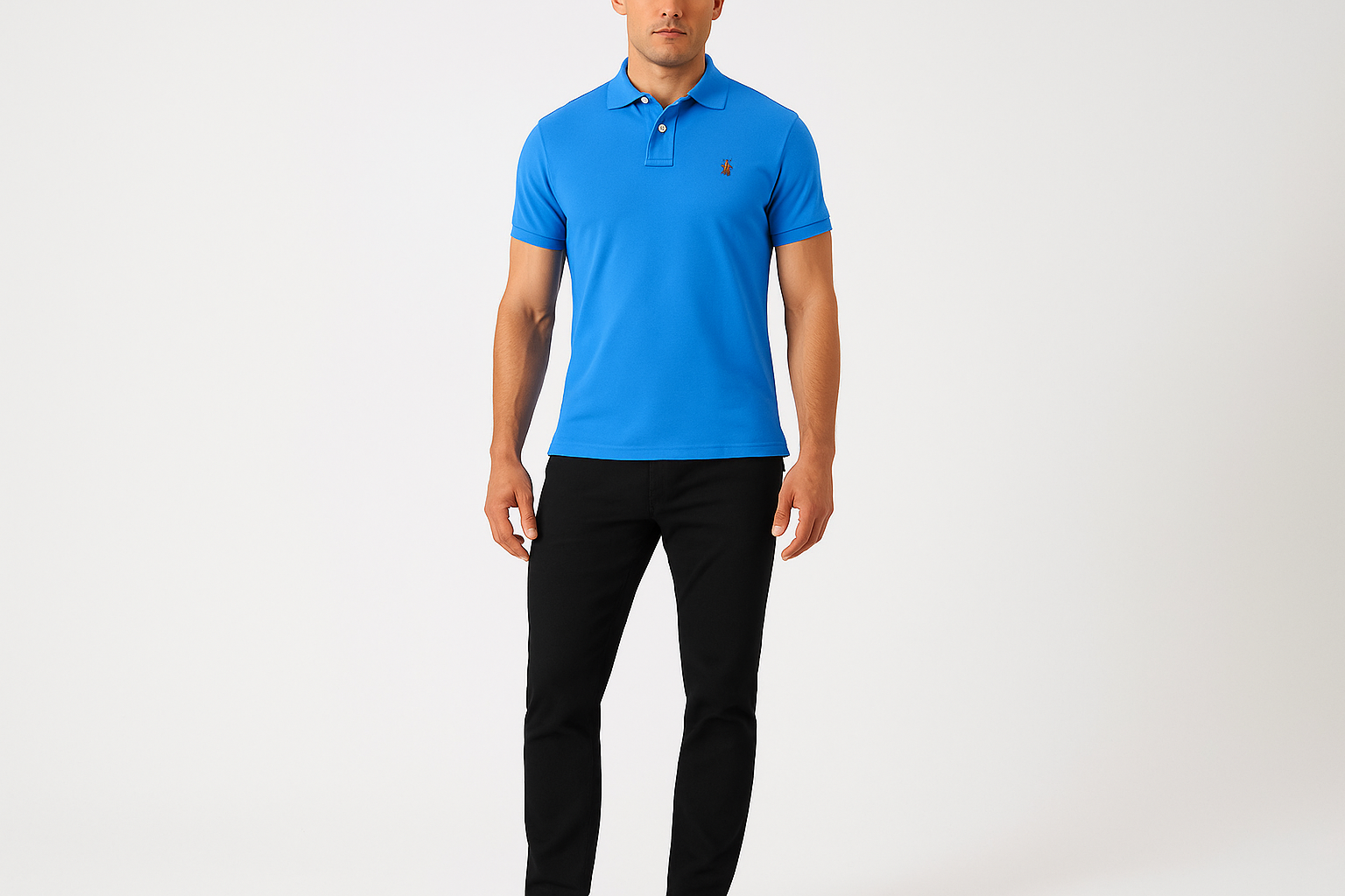 Modelo masculino atlético cuerpo entero con Camiseta Polo Ralph Lauren Pima #5b9ff1
