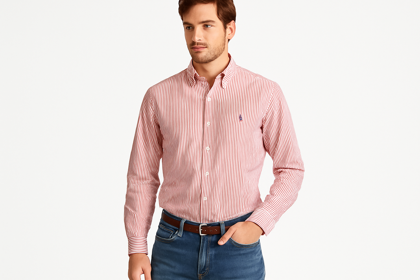 Modelo pose casual camisa rayas