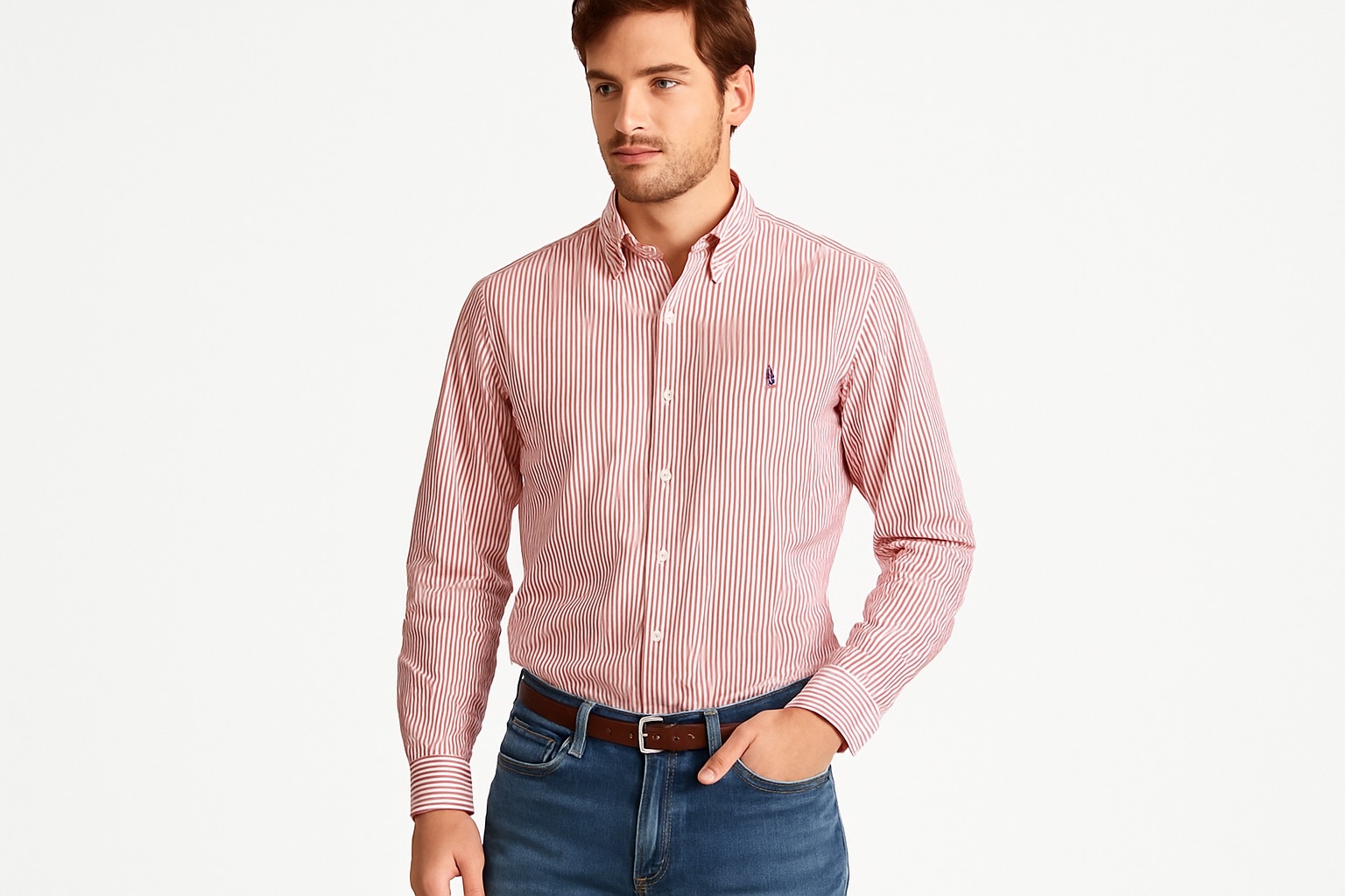 Modelo pose casual camisa rayas