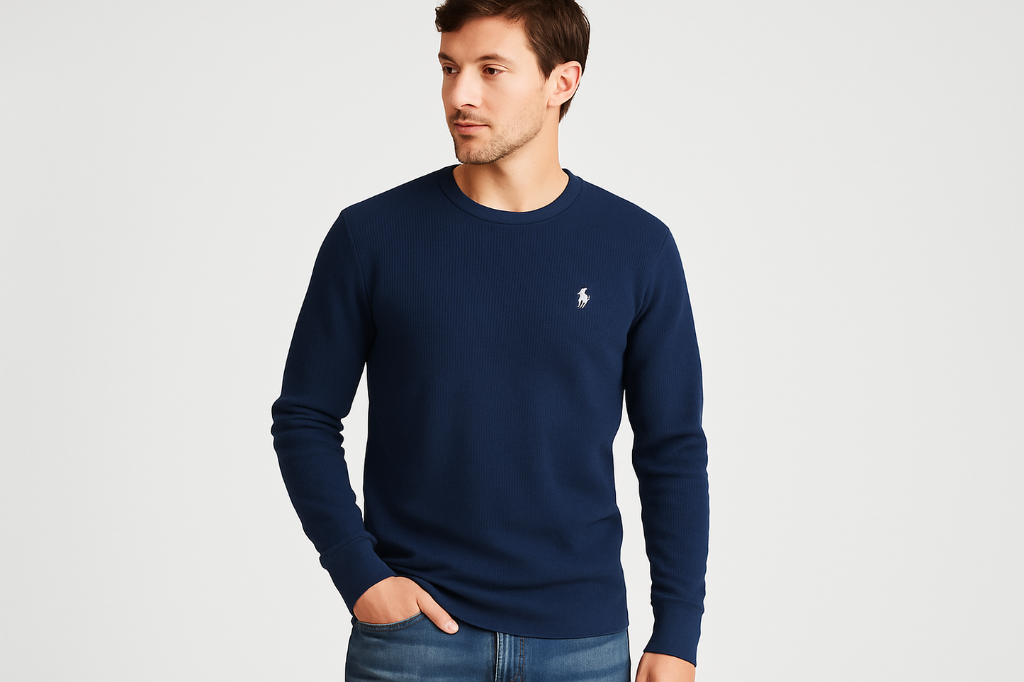 Modelo pose casual camiseta waffle navy