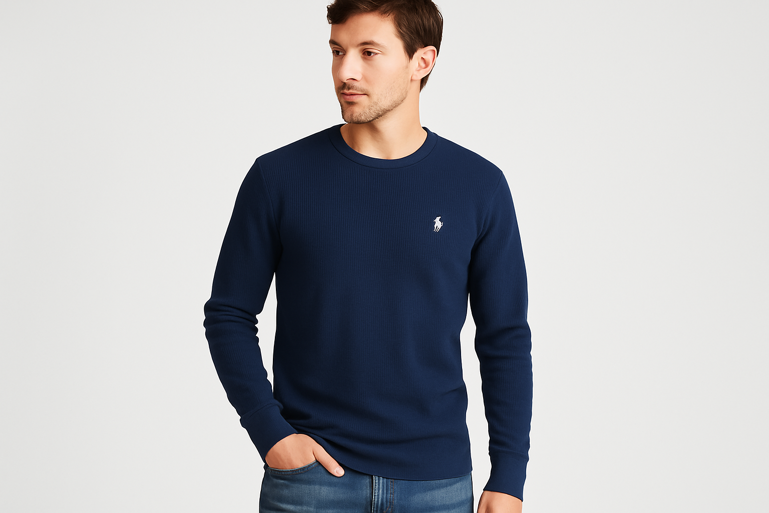 Modelo pose casual camiseta waffle navy