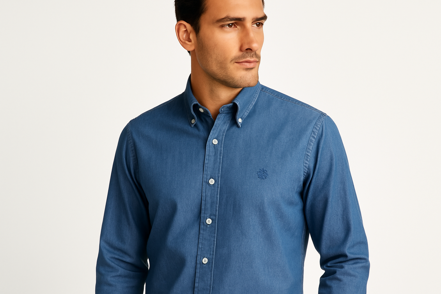 Modelo tres cuartos camisa Brooks Brothers denim
