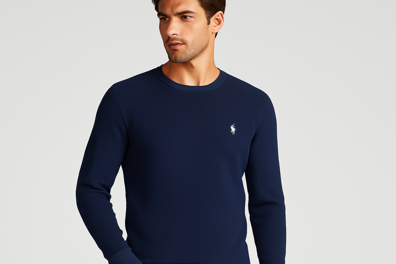 Modelo tres cuartos camiseta waffle navy