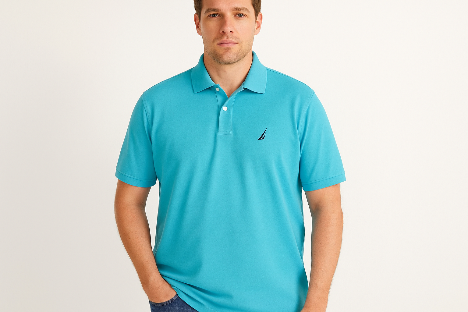 Modelo usando la camiseta polo Nautica turquesa claro