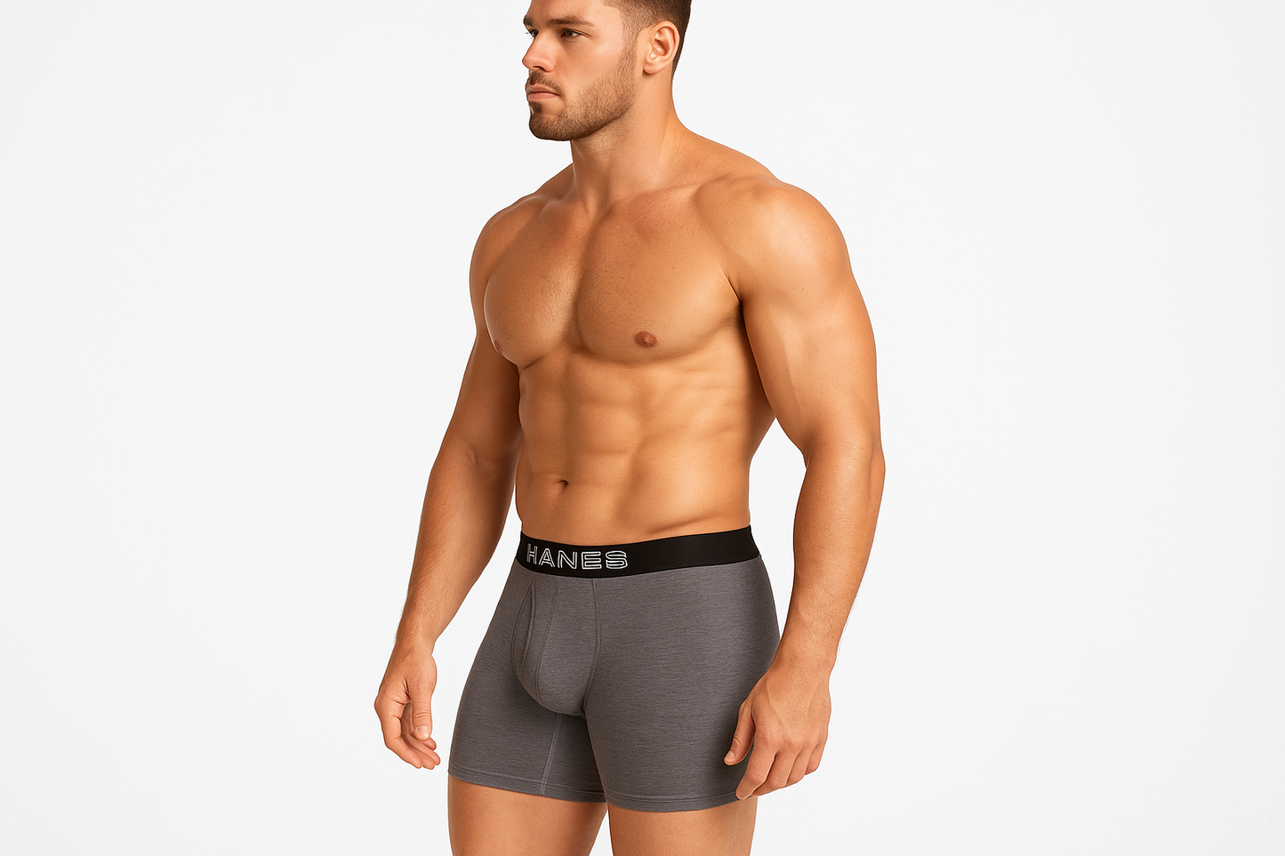 Modelo XL - Boxer gris vista de perfil