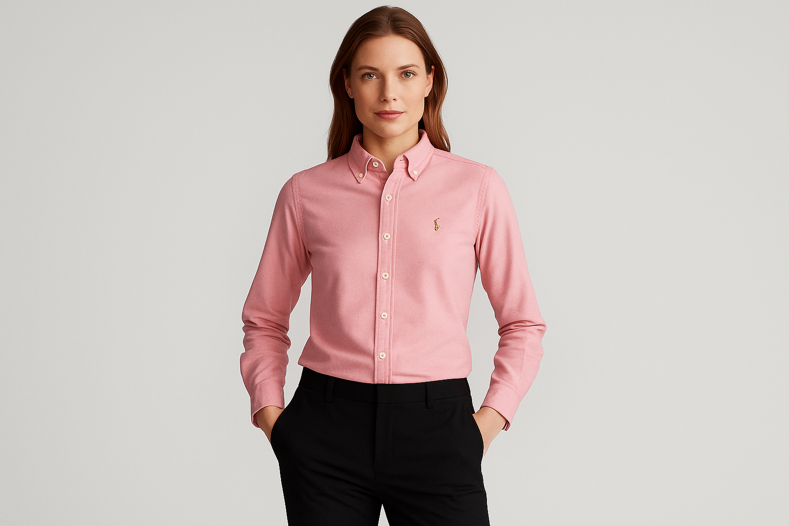 Mujer modelando camisa Polo Ralph Lauren rosa talla M