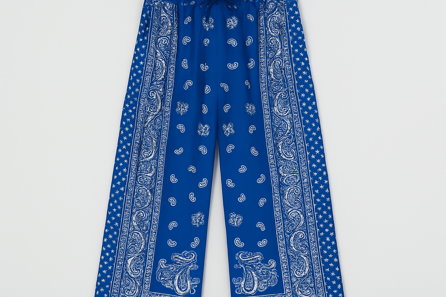Pantalón azul paisley para mujer vista frontal plana