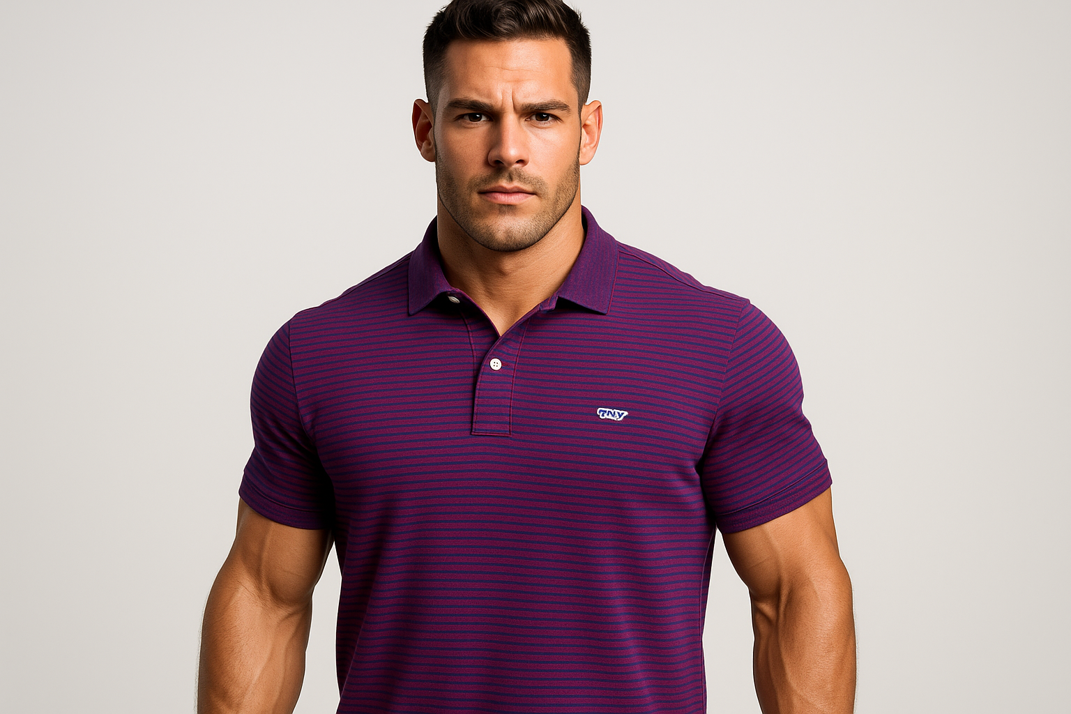 Polo a rayas moradas y rojas con modelo atlético