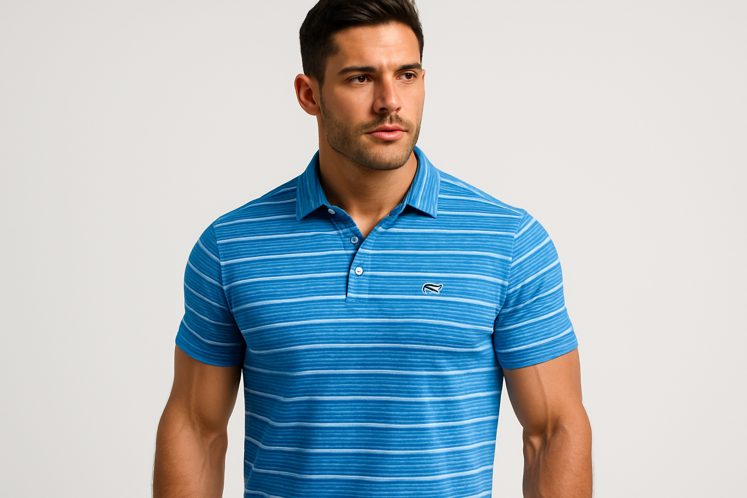 Polo a rayas texturizadas azules con modelo atlético