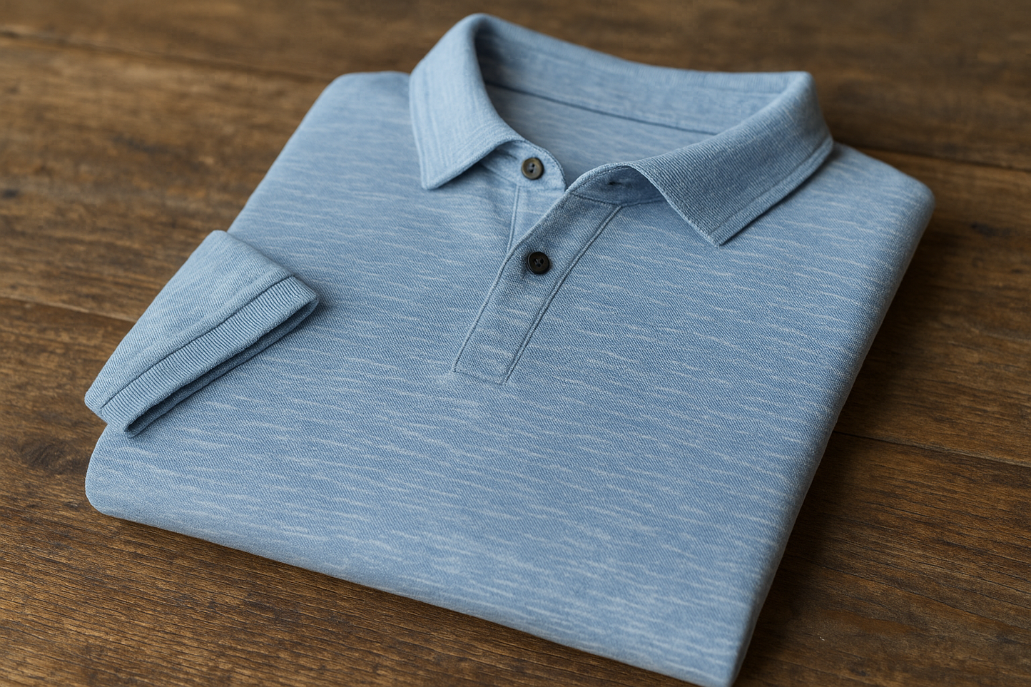 Polo azul claro jaspeada - Doblada en superficie de madera