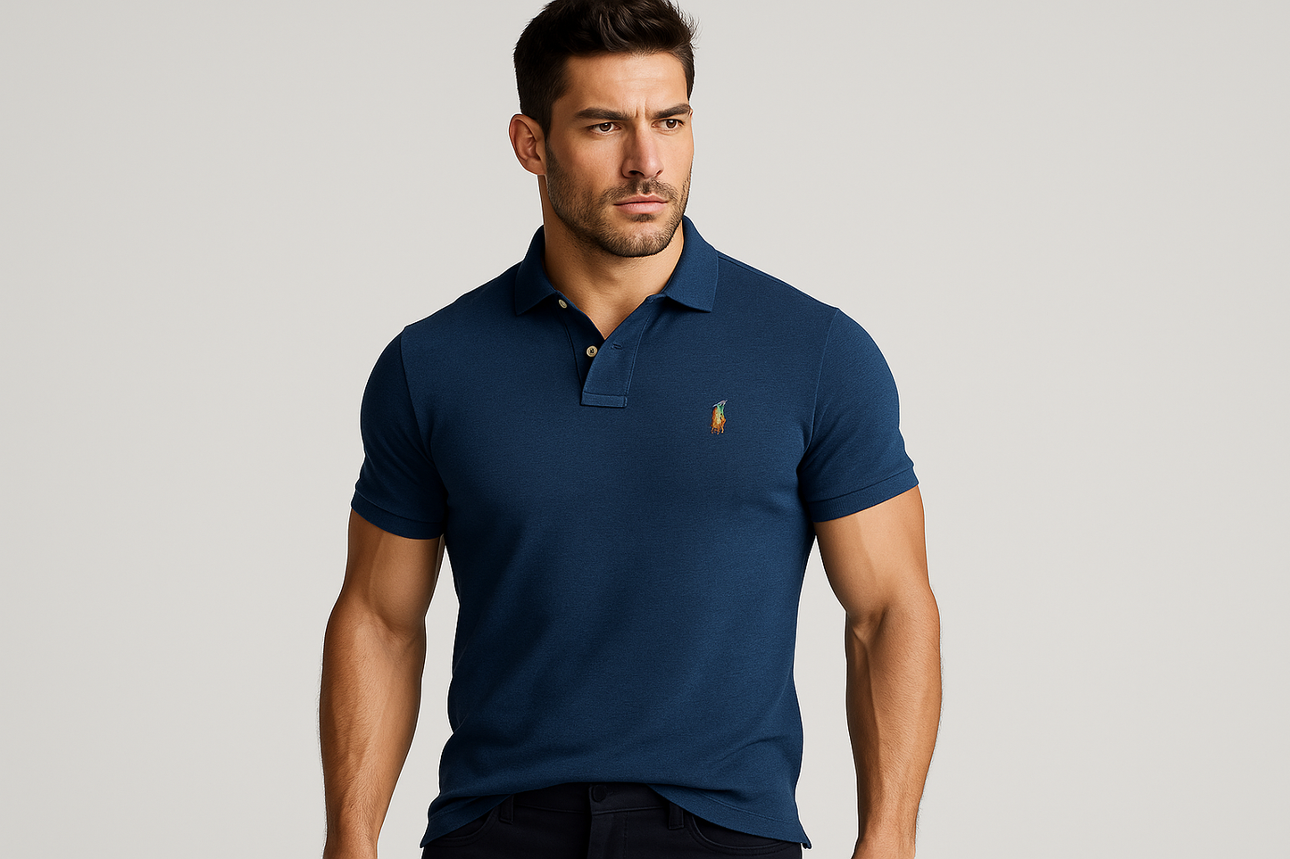 Polo azul marino con modelo atlético