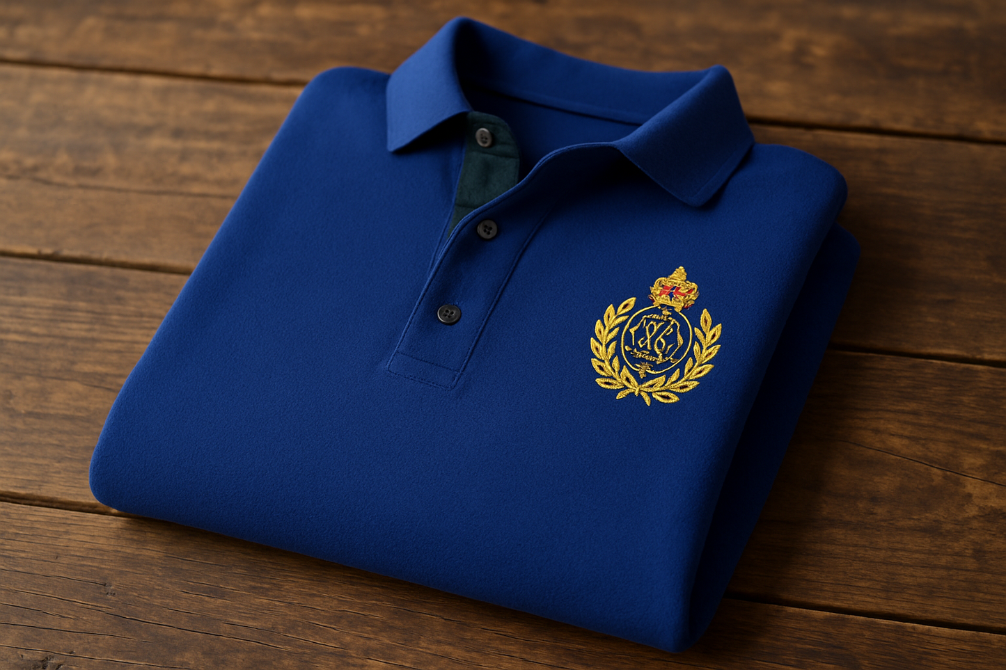 Polo azul real de segunda mano - Doblada en superficie de madera