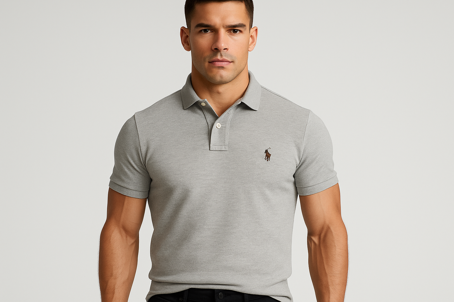 Polo gris jaspeado con modelo atlético